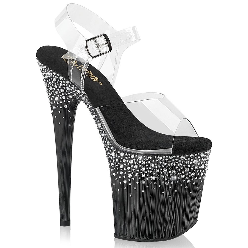 Pleaser - FLAMINGO808SPKL02 KnöchelriemenSandale, Poledance Schuhe - Schwarz/Transparent